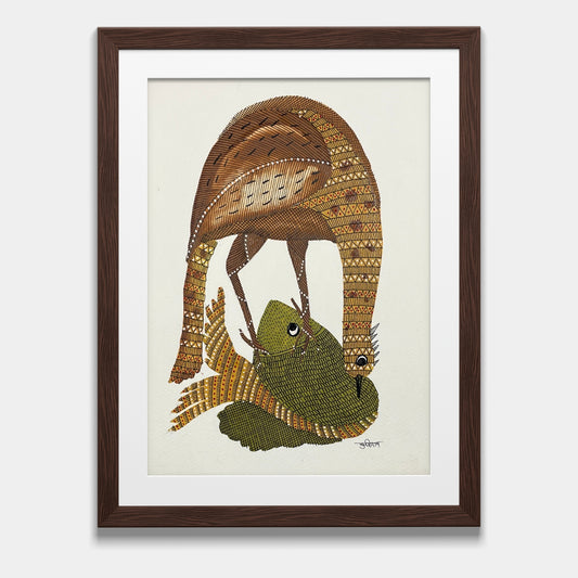 Handmade Gond Painting - The Hunter and the Prey: A Dance of Survival (Unframed)