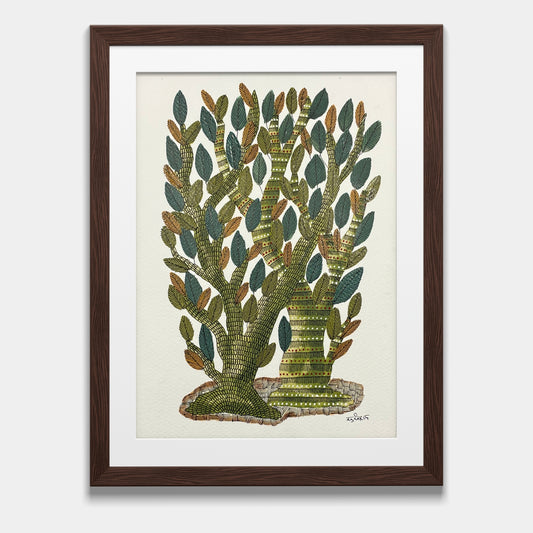 Handmade Gond Painting - The Sacred Grove: Whispering Trees of Wisdom (Unframed)