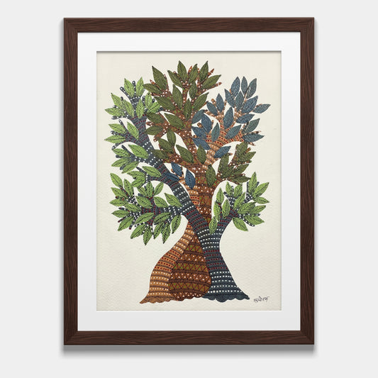 Handmade Gond Painting - The Entwined Spirits: A Tale of Unity and Growth (Unframed)