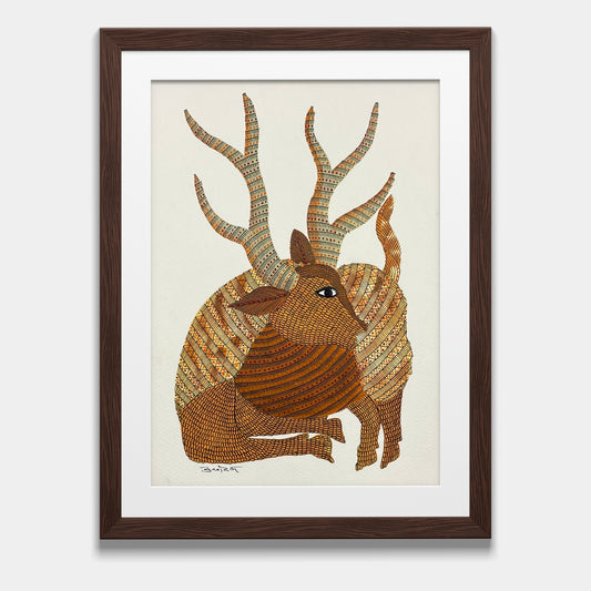 Handmade Gond Painting - The Serene Stag: Guardian of the Forest (Unframed)
