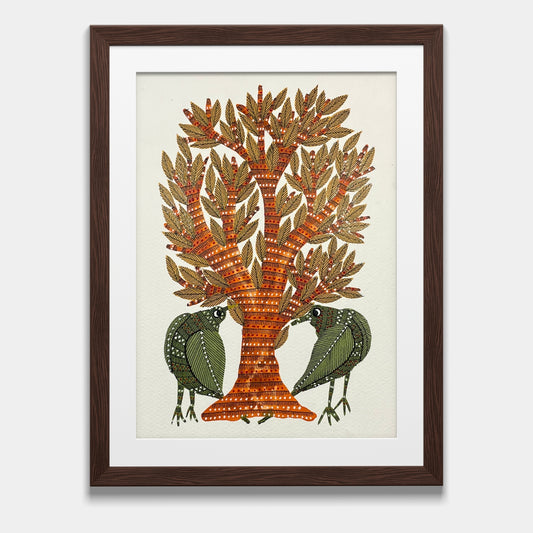 Handmade Gond Painting - The Sacred Tree: A Meeting Place of Nature (Unframed)