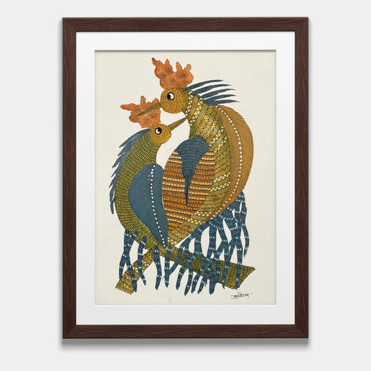 Handmade Gond Painting - The Bond of Roosters: A Tale of Companionship (Unframed)