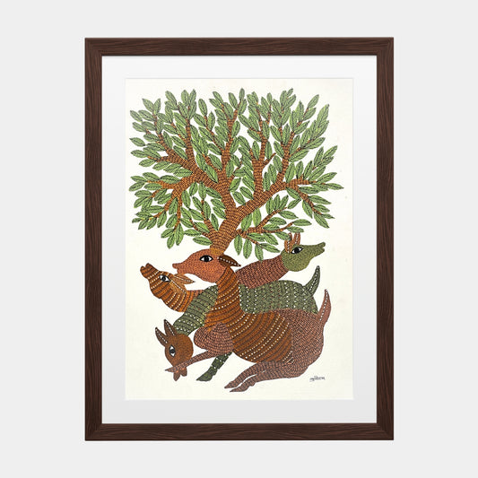 Handmade Gond Painting - The Sacred Bond of Nature and Wildlife (Unframed)