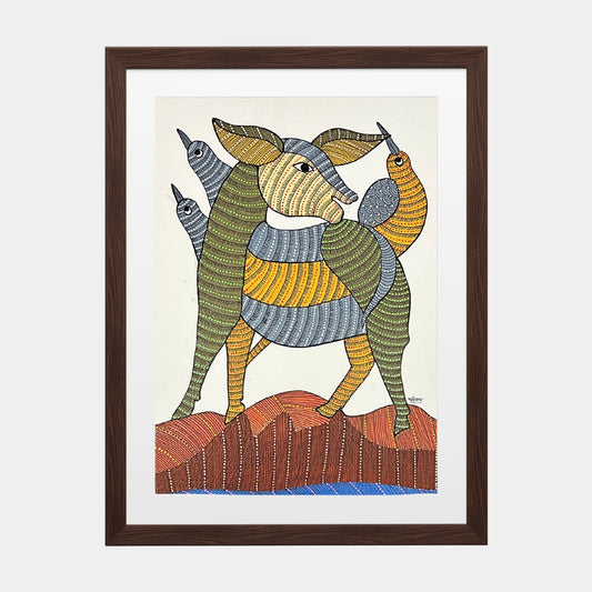 Handmade Gond Painting - The Guardian of the Wild: Harmony of Land and Sky (Unframed)
