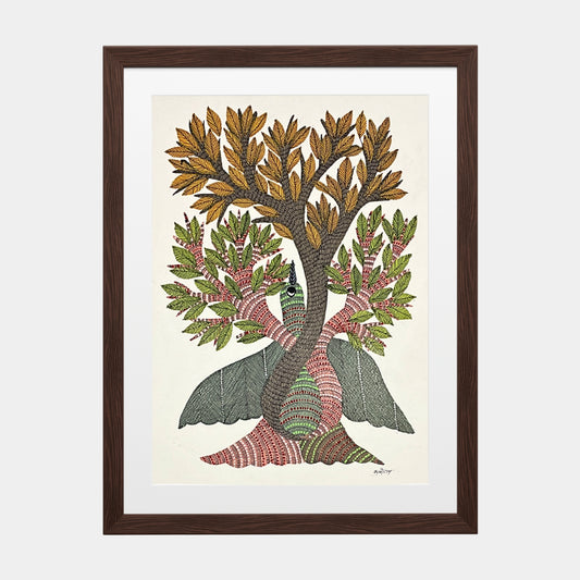 Handmade Gond Painting - The Sacred Union: Tree of Life and the Spirit of the Sky (Unframed)