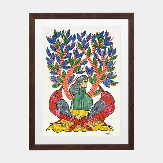 Handmade Gond Painting - Harmony Under the Sacred Tree (Unframed)
