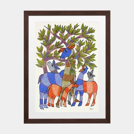 Handmade Gond Painting - The Gathering Under the Sacred Tree (Unframed)