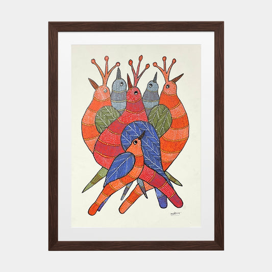 Handmade Gond Painting - Birds of Harmony (Unframed)