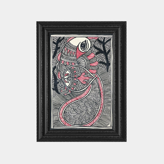 Madhubani Painting of The Peacock and The Fish (Unframed)