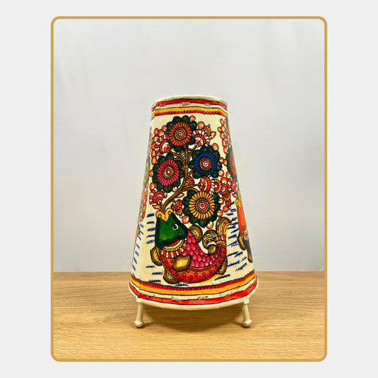 Tholu Bommalata Leather Lamp – Fish with Floral Tree  (8" - Conical)