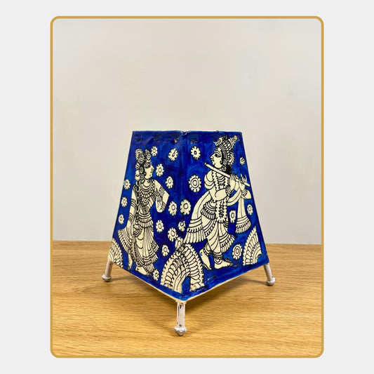 Tholu Bommalata Lamp – Radha Krishna in white line art on deep indigo background  (5" - Rectangular)