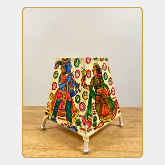 Tholu Bommalata Lamp – Krishna and Radha in conversation with floral backdrop  (5" - Rectangular)