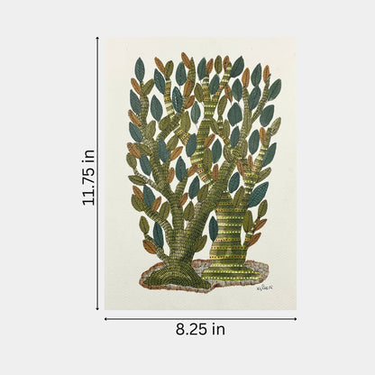 Handmade Gond Painting - The Sacred Grove: Whispering Trees of Wisdom (Unframed)
