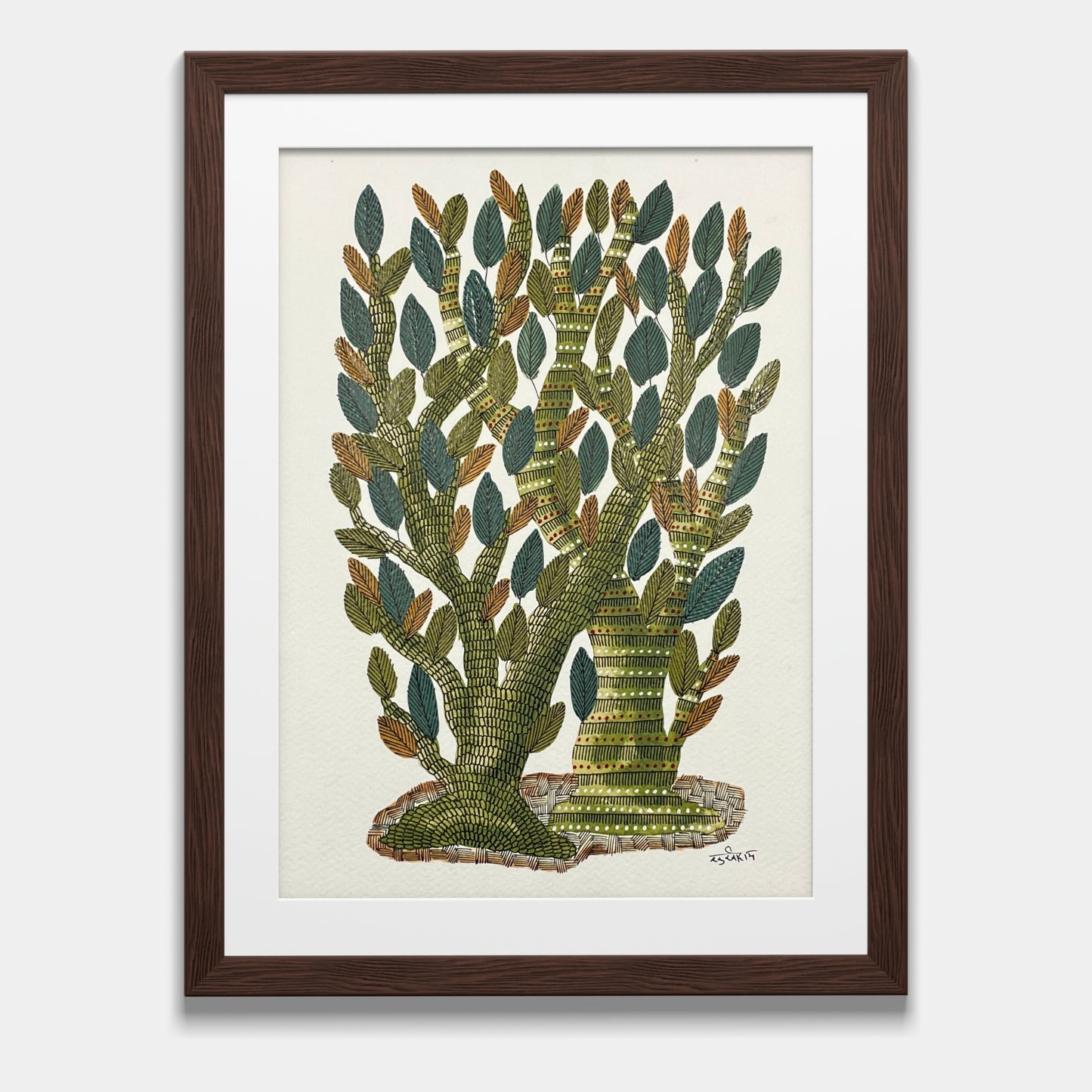 handmade gond painting - the sacred grove: whispering trees of wisdom (unframed)