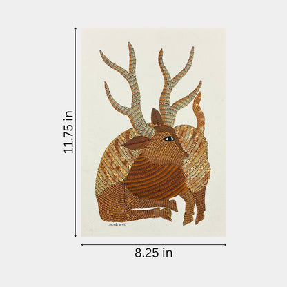 Handmade Gond Painting - The Serene Stag: Guardian of the Forest (Unframed)