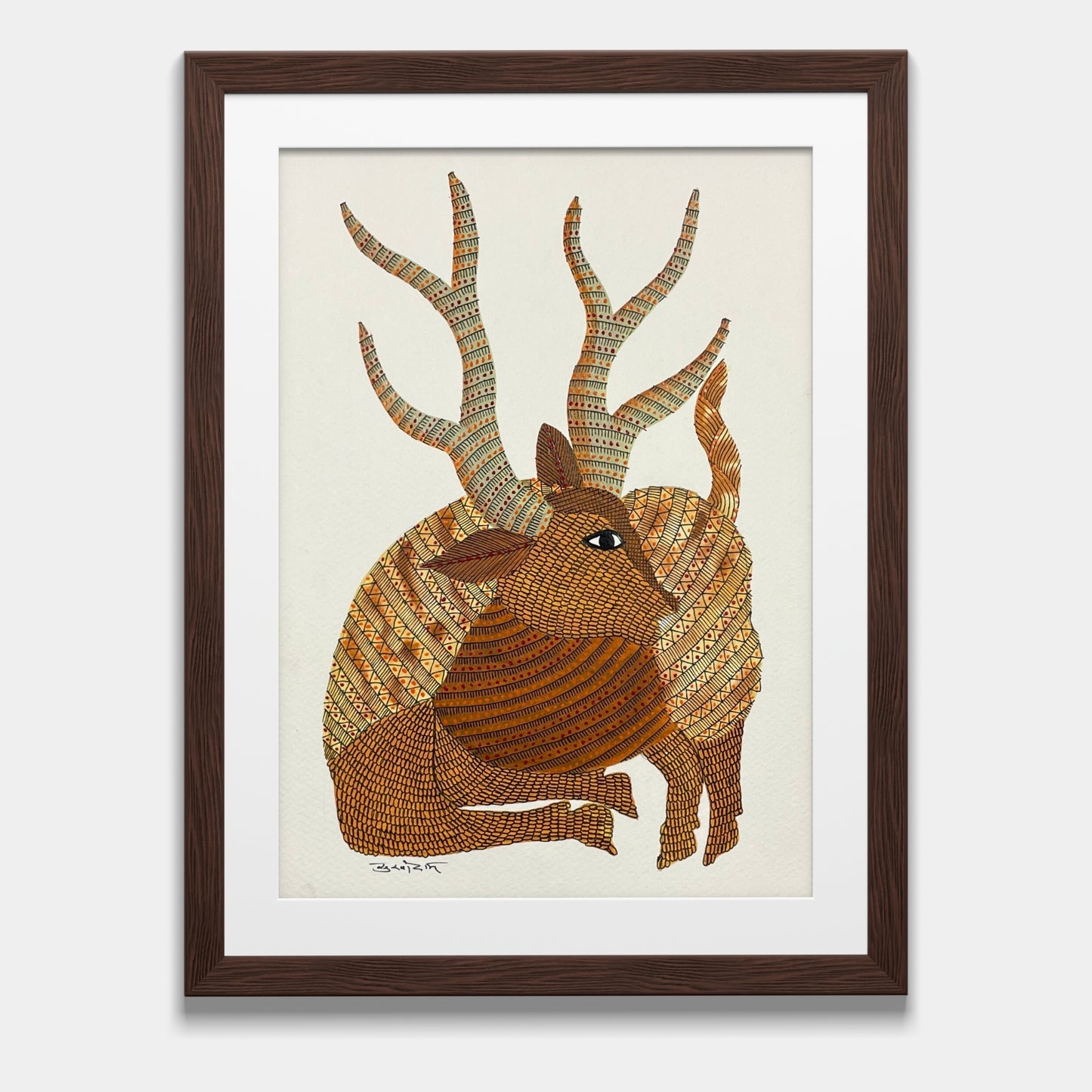 handmade gond painting - the serene stag: guardian of the forest (unframed)
