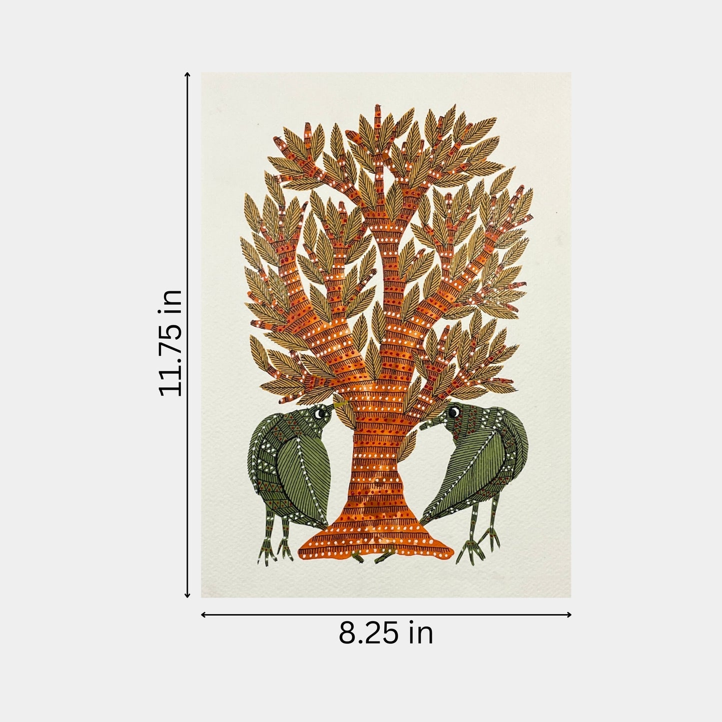 handmade gond painting - the sacred tree: a meeting place of nature (unframed)