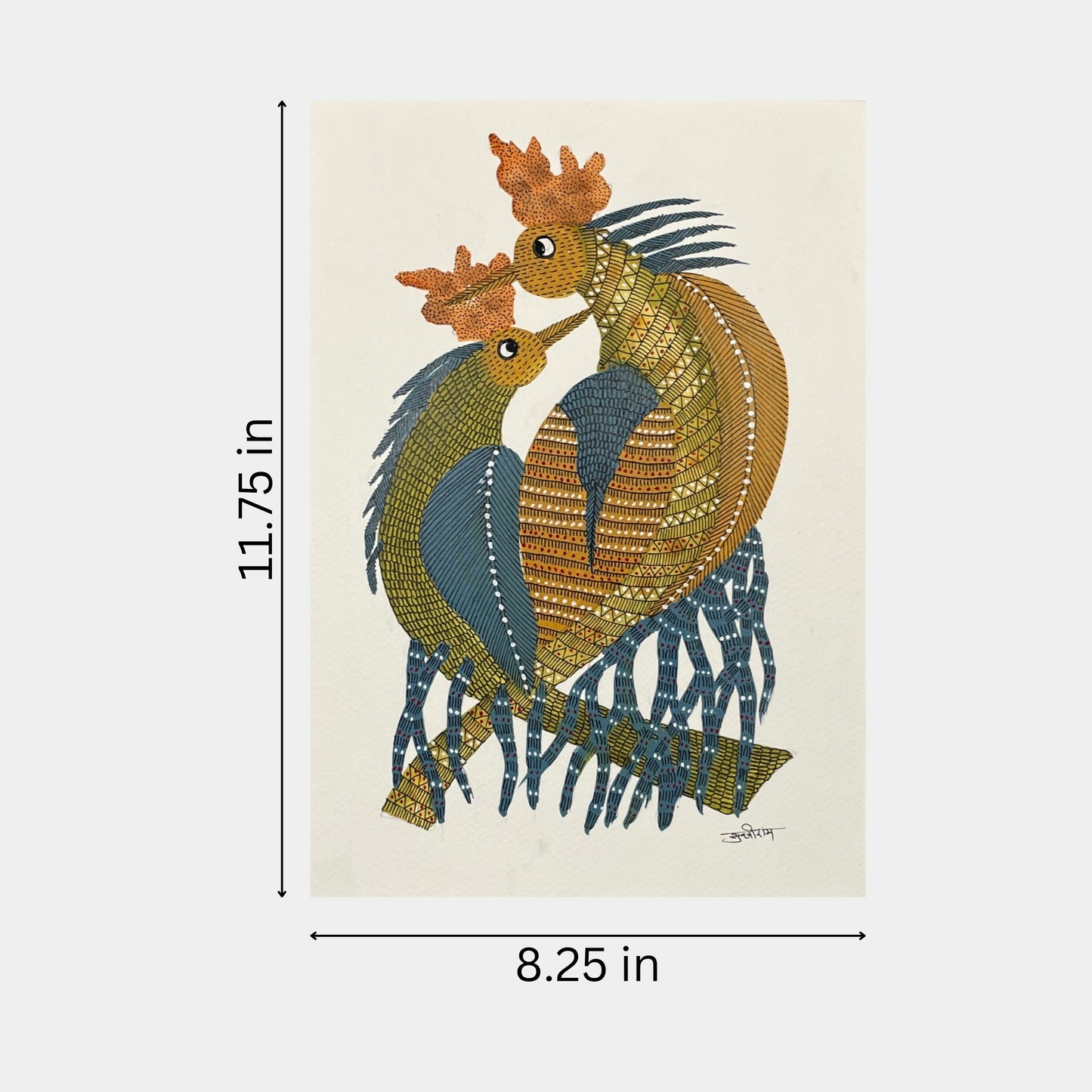 handmade gond painting - the bond of roosters: a tale of companionship (unframed)