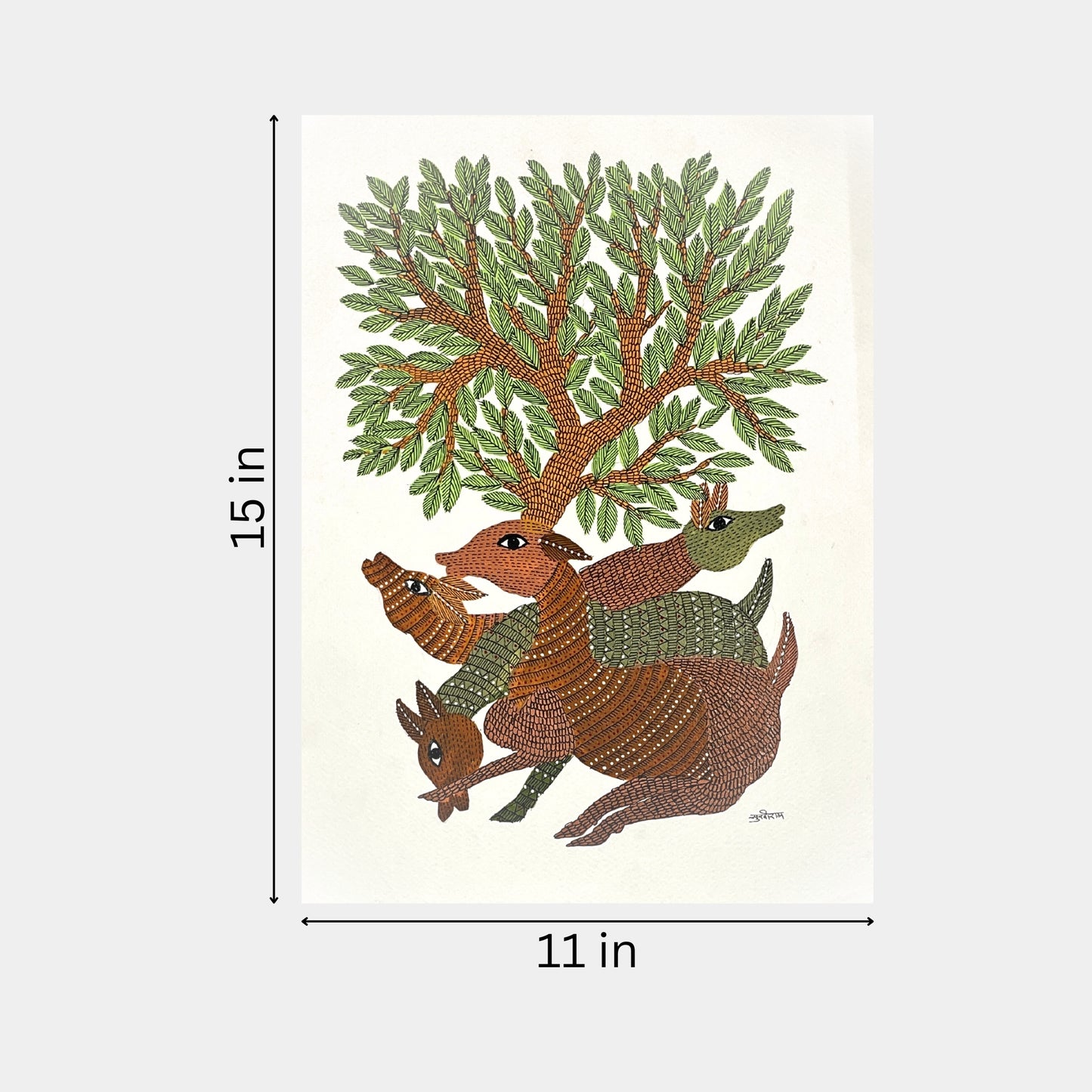 handmade gond painting - the sacred bond of nature and wildlife (unframed)