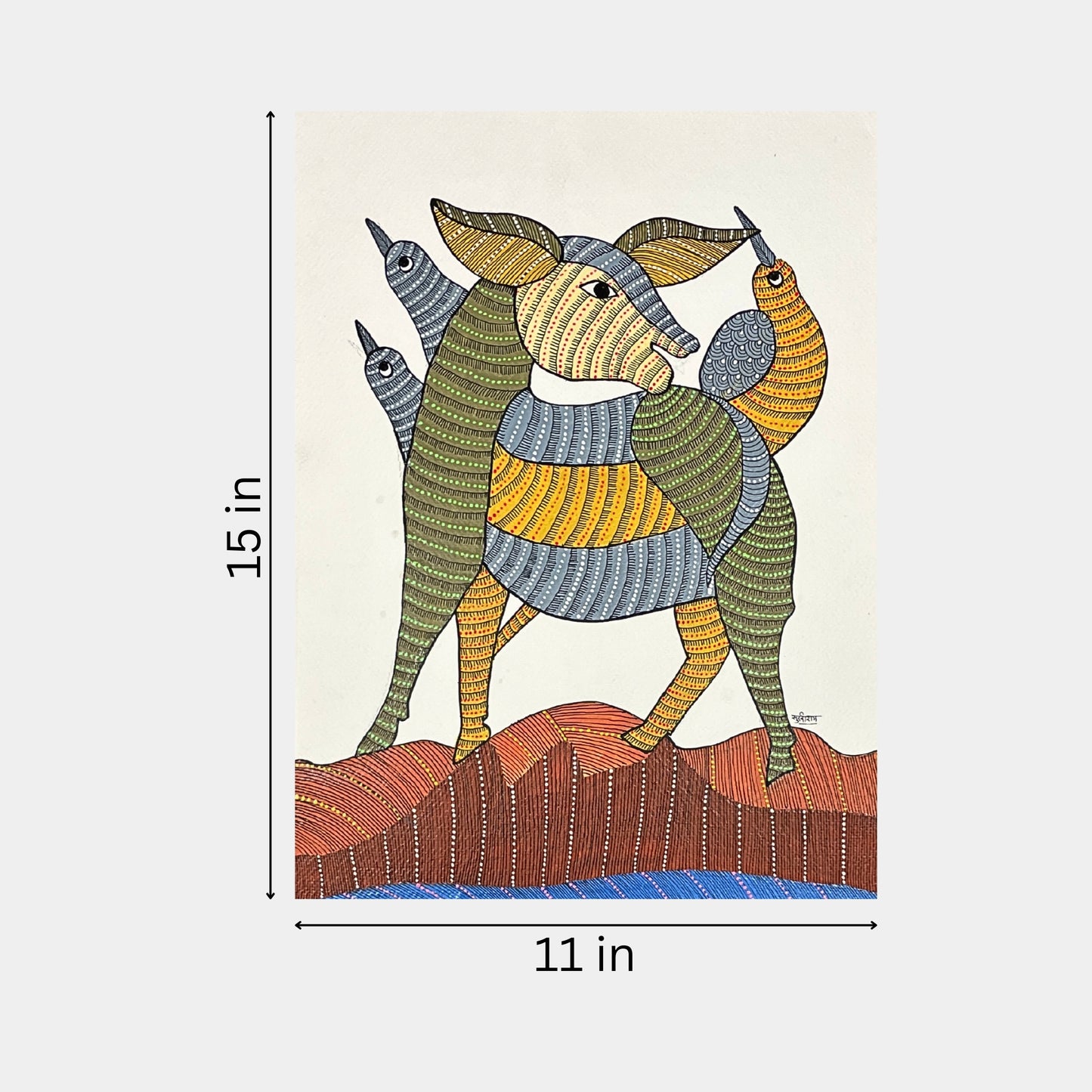 handmade gond painting - the guardian of the wild: harmony of land and sky (unframed)