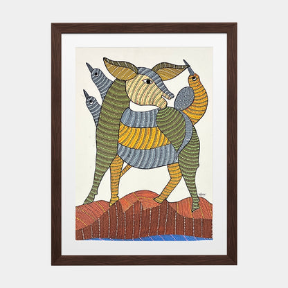 Handmade Gond Painting - The Guardian of the Wild: Harmony of Land and Sky (Unframed)