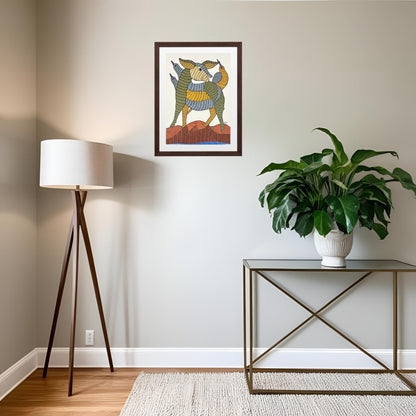 Handmade Gond Painting - The Guardian of the Wild: Harmony of Land and Sky (Unframed)