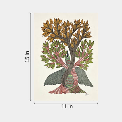 Handmade Gond Painting - The Sacred Union: Tree of Life and the Spirit of the Sky (Unframed)