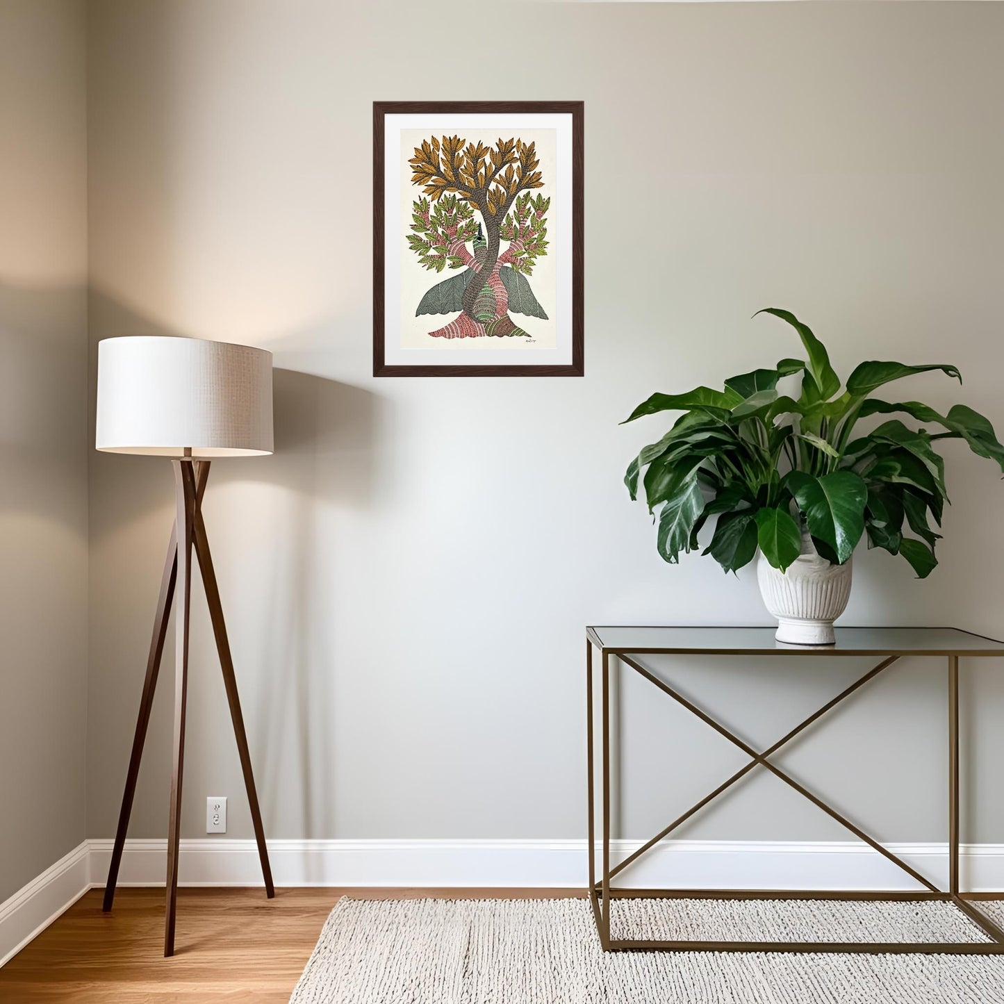 handmade gond painting - the sacred union: tree of life and the spirit of the sky (unframed)