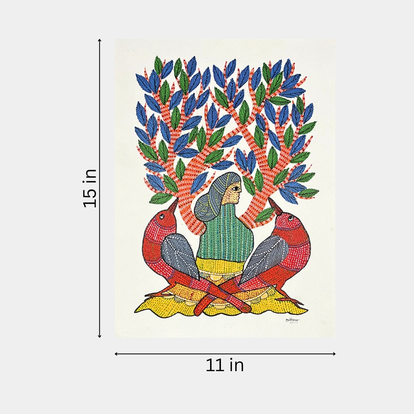 handmade gond painting - harmony under the sacred tree (unframed)