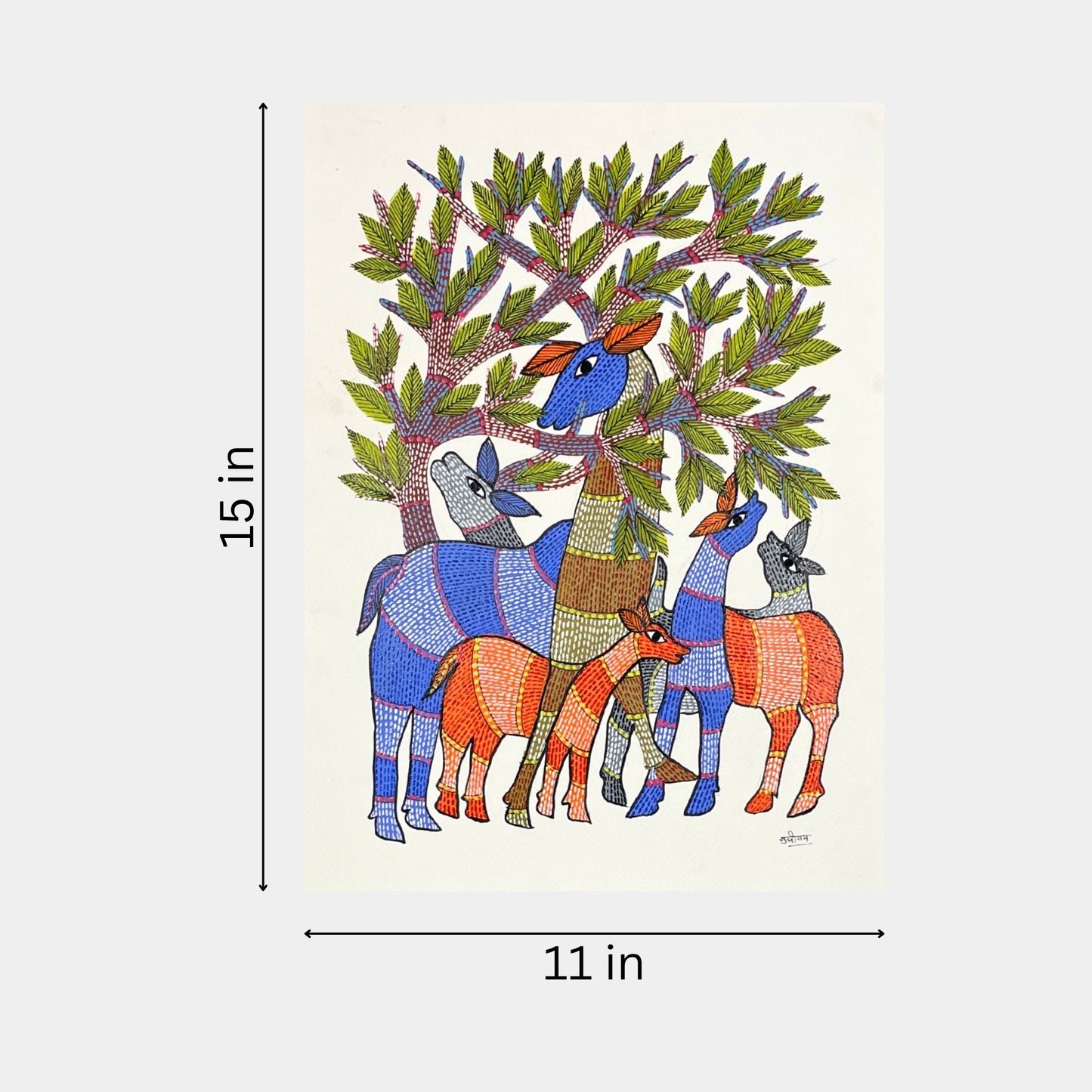 handmade gond painting - the gathering under the sacred tree (unframed)