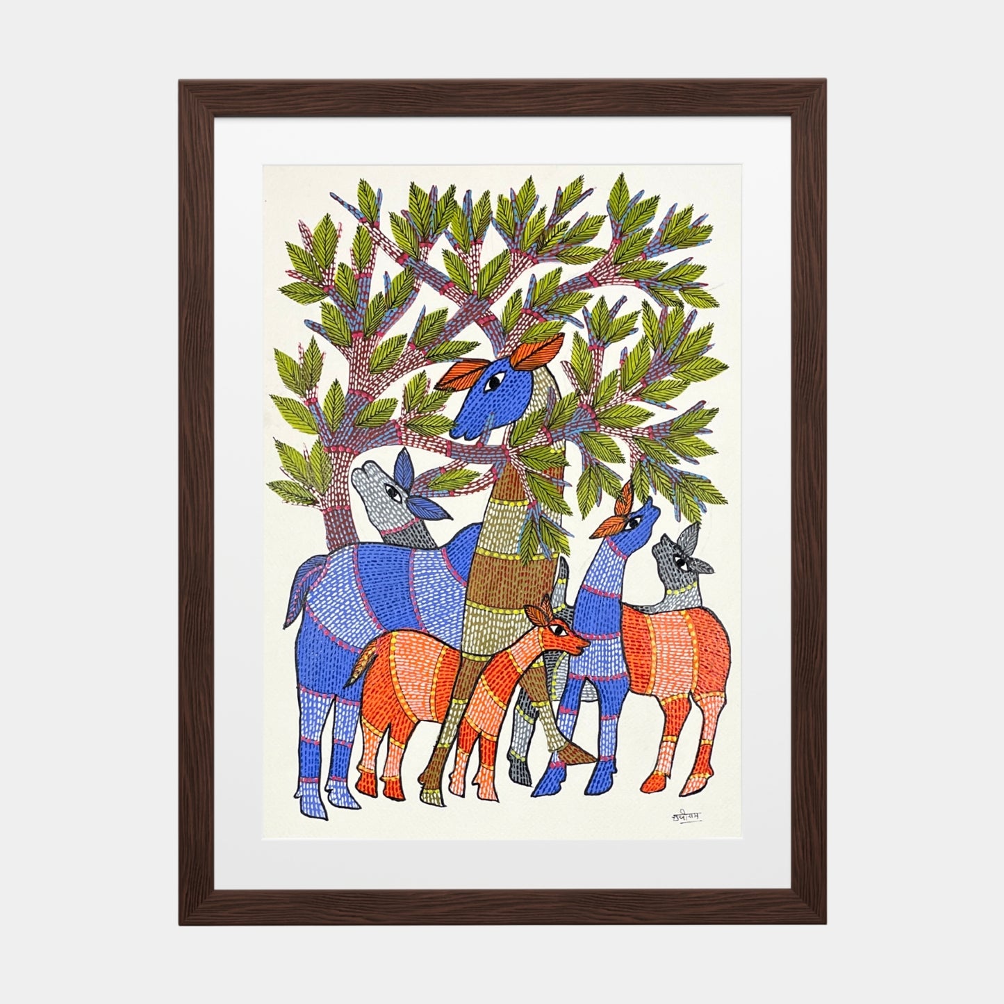 handmade gond painting - the gathering under the sacred tree (unframed)