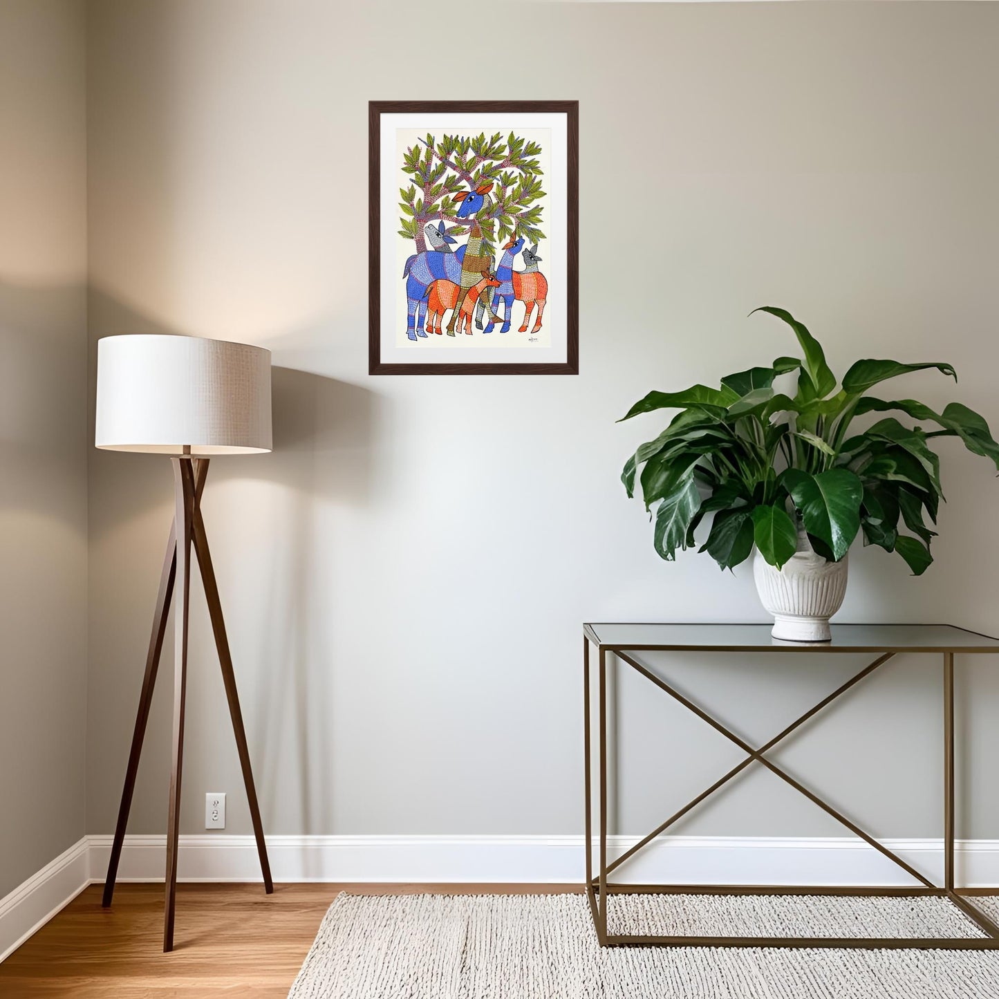handmade gond painting - the gathering under the sacred tree (unframed)
