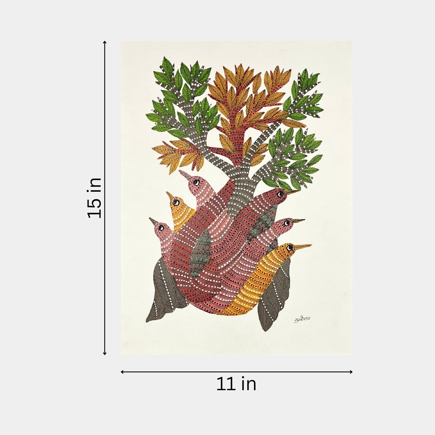 handmade gond painting - harmony amongst the branches (unframed)