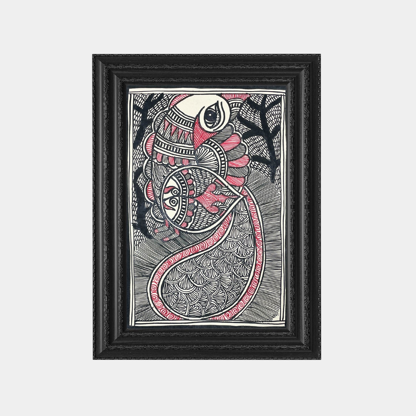 madhubani painting of the peacock and the fish (unframed)