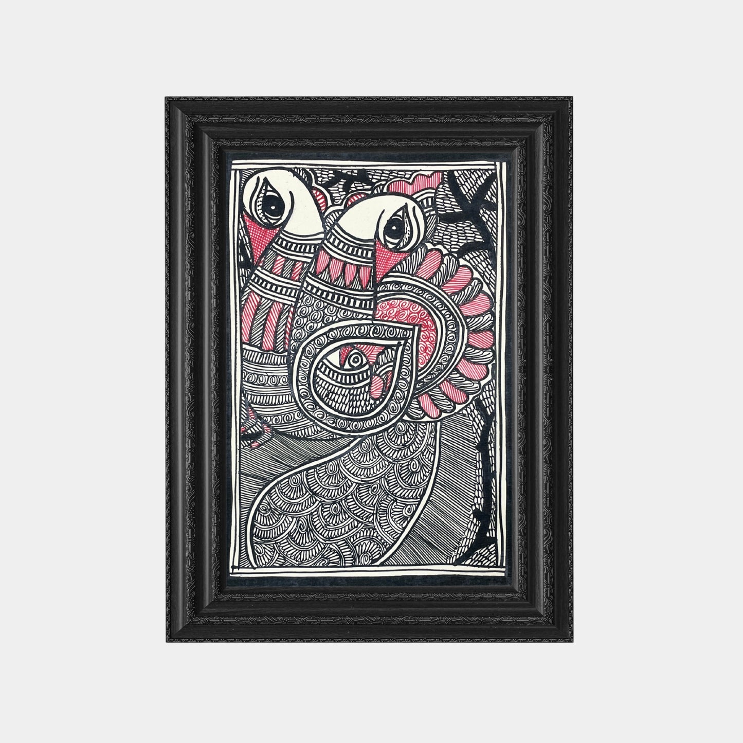 madhubani painting of the peacocks and the fish (unframed)