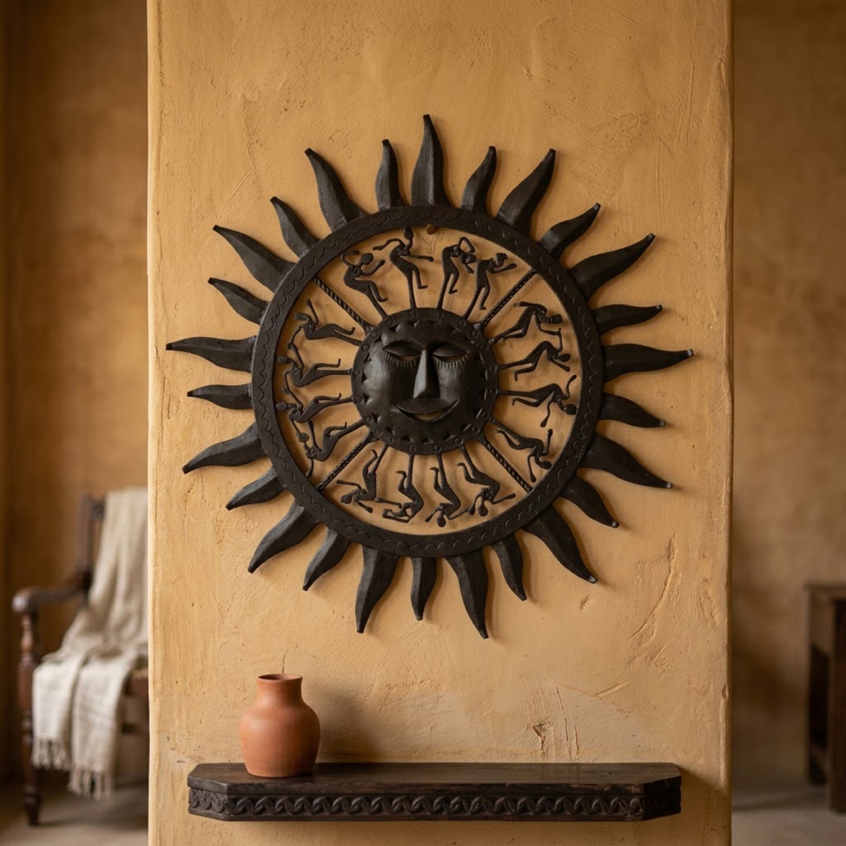 handcrafted bastar wrought iron sun face wall hanging – circular tribal motif