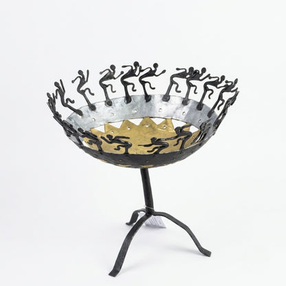 Handmade Bastar Wrought Iron Pedestal Bowl with Dancing Tribal Figures