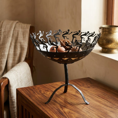 Handmade Bastar Wrought Iron Pedestal Bowl with Dancing Tribal Figures