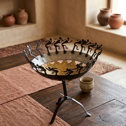 Handmade Bastar Wrought Iron Pedestal Bowl with Dancing Tribal Figures