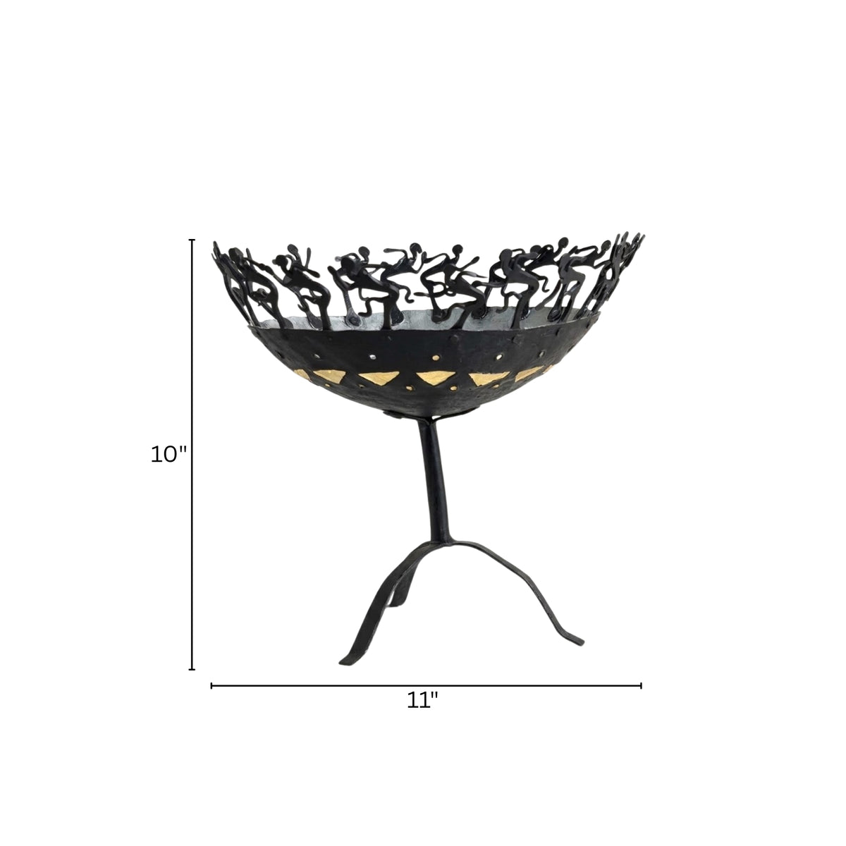 handmade bastar wrought iron pedestal bowl with dancing tribal figures