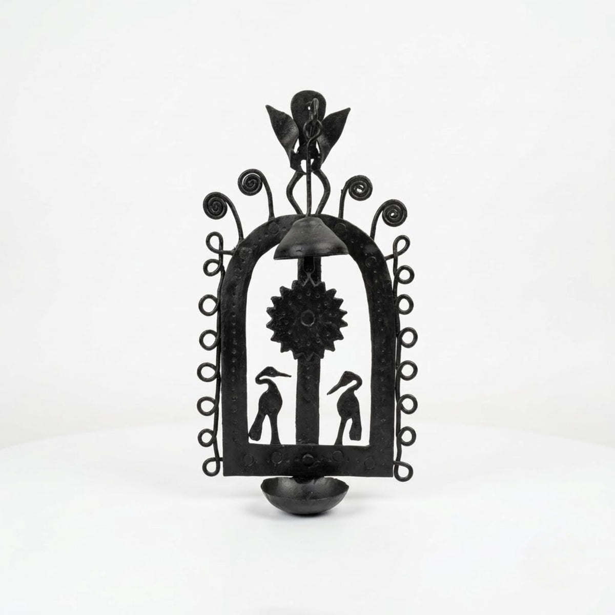 bastar wrought iron hanging arch diya holder with bird silhouette
