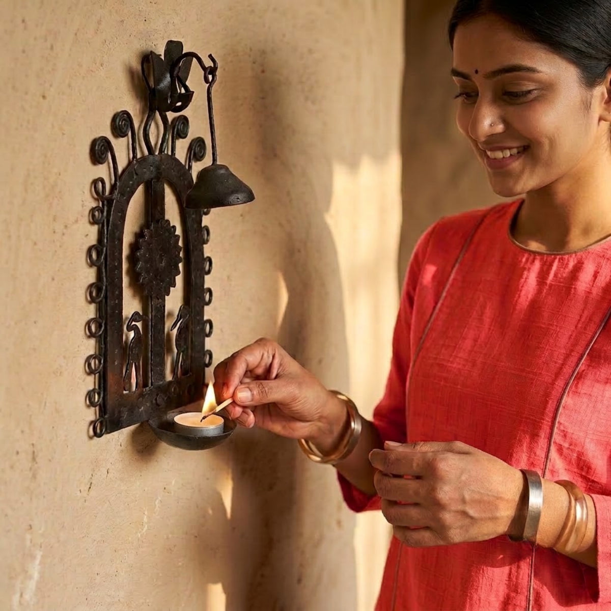 bastar wrought iron hanging arch diya holder with bird silhouette