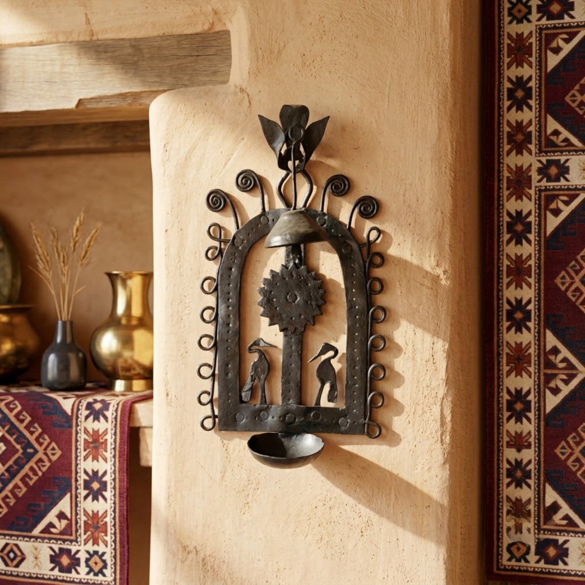 bastar wrought iron hanging arch diya holder with bird silhouette