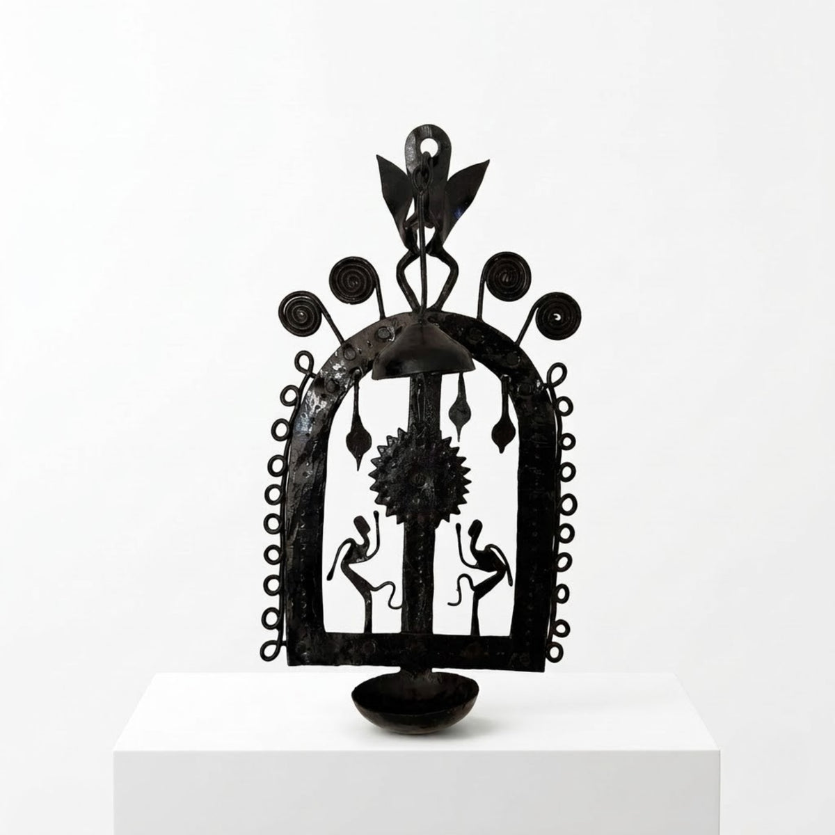 bastar wrought iron hanging arch diya holder with dancing tribal figures