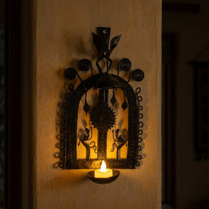 Bastar Wrought Iron Hanging Arch Diya Holder with Dancing Tribal Figures