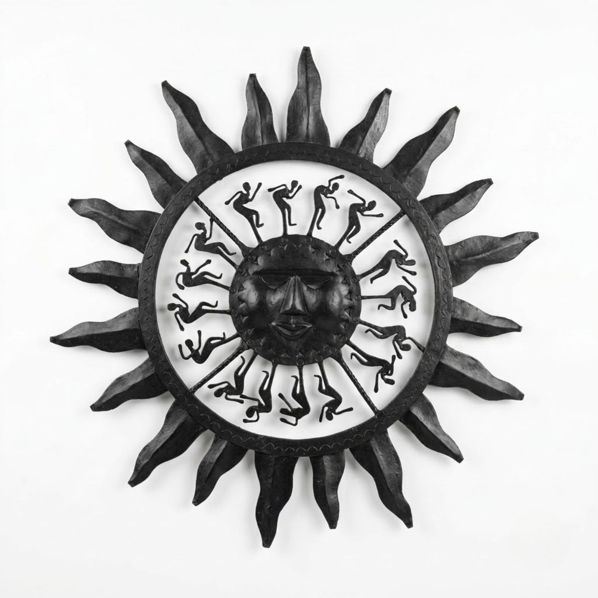 handcrafted bastar wrought iron sun face wall hanging – large radiating rays