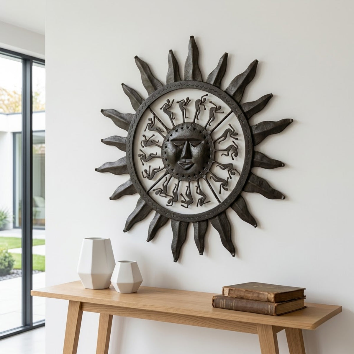 handcrafted bastar wrought iron sun face wall hanging – large radiating rays