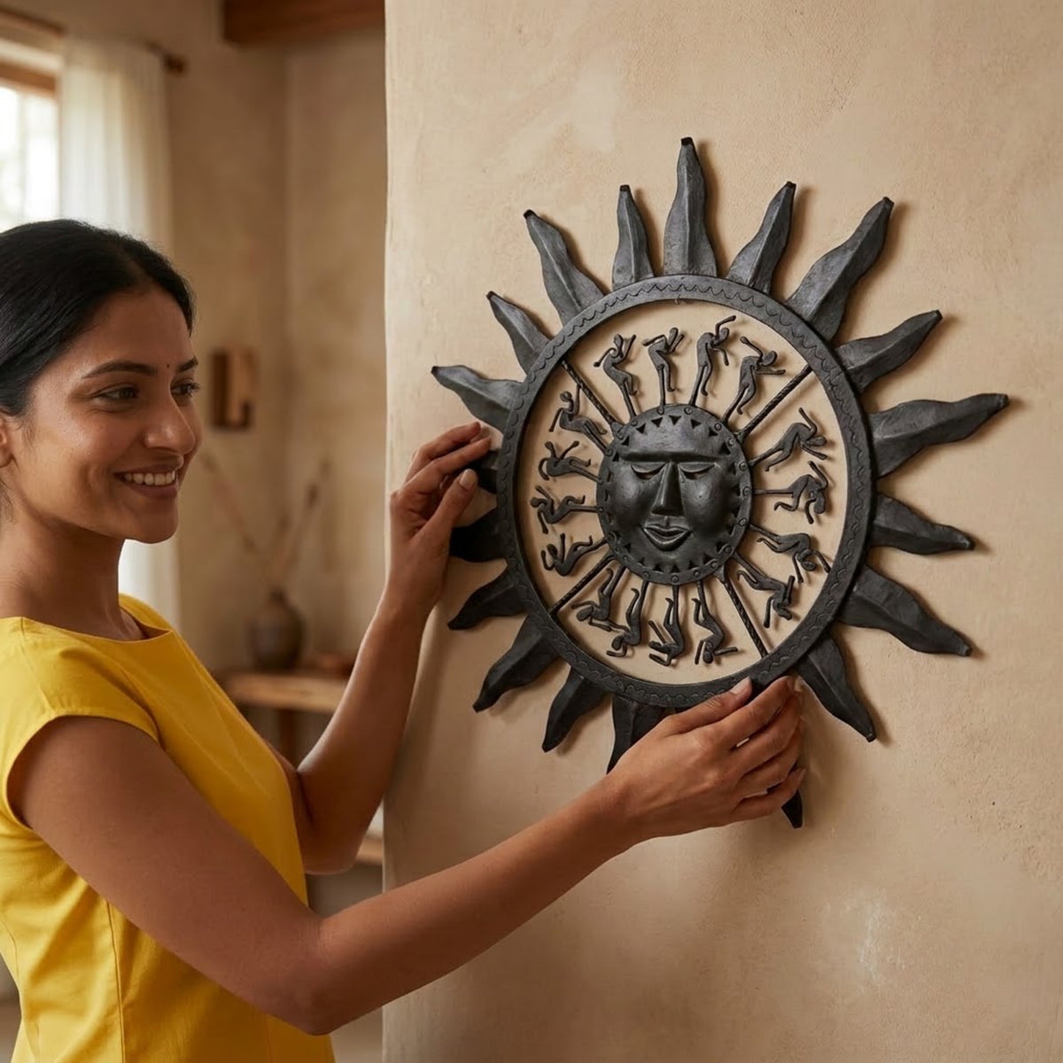 handcrafted bastar wrought iron sun face wall hanging – large radiating rays