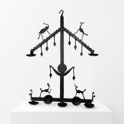Handcrafted Bastar Wrought Iron Tribal Diya Stand with Horned Deer & Sun Motifs