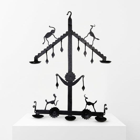 Handcrafted Bastar Wrought Iron Tribal Diya Stand with Horned Deer & Sun Motifs